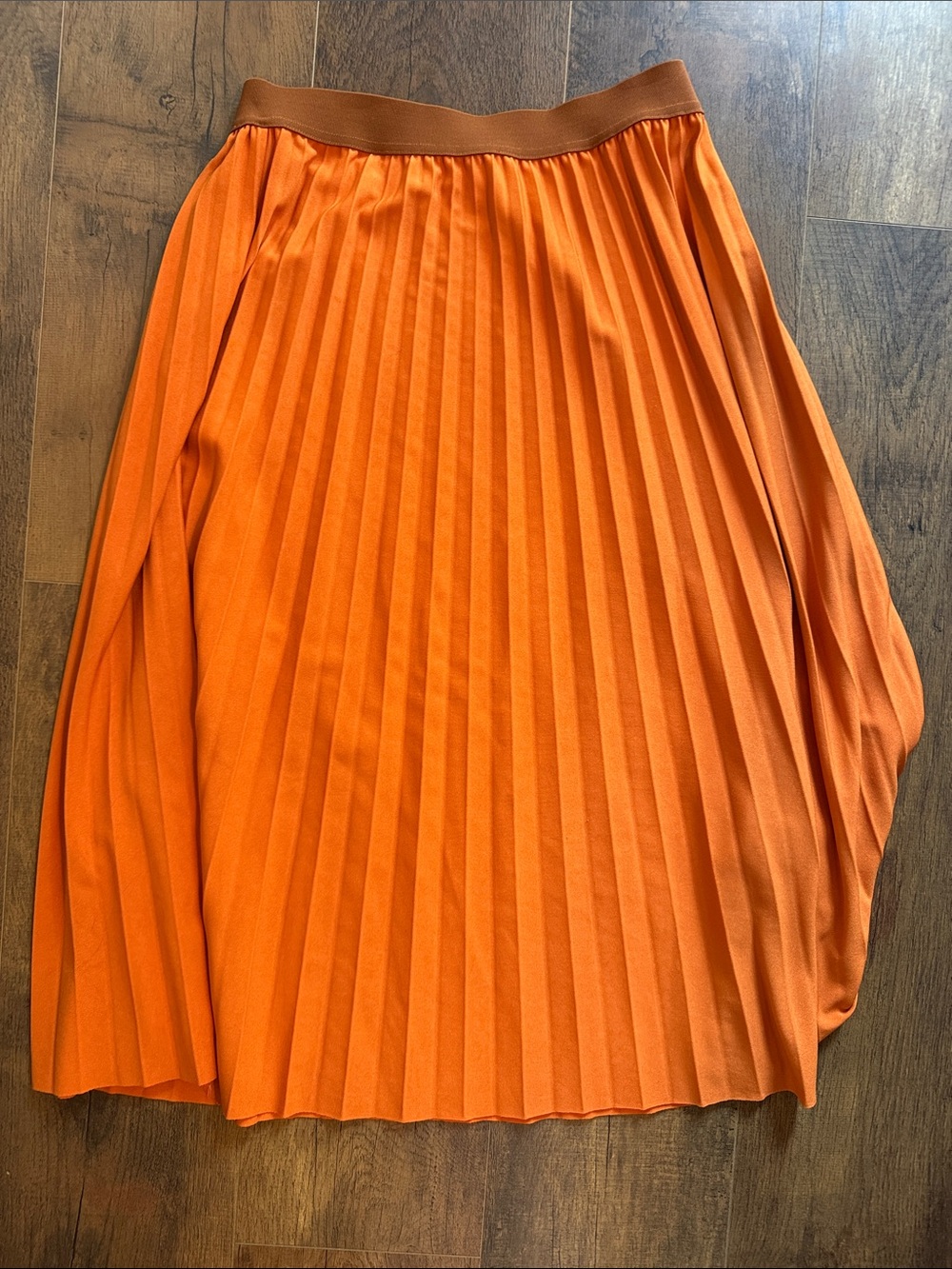 Pleated Midi Skirt in Vibrant Orange with Elastic Waist